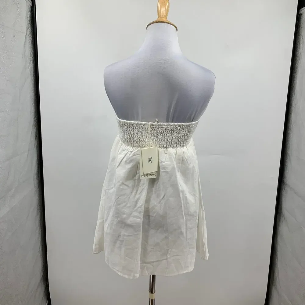 Peppermayo Dress Womens 0 White Dylan Babydoll Linen Blend Smocked Lined Mini